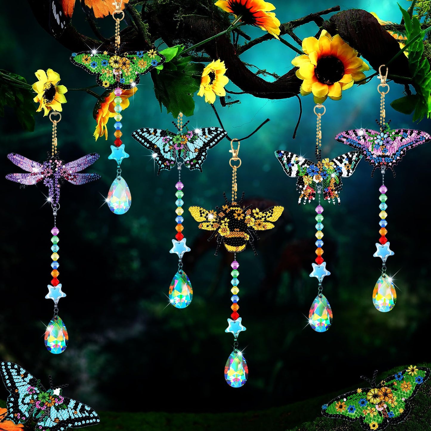 Tradder 6 Pcs Butterfly Diamond Art Wind Chimes for Summer Tree Decoration Diamond Art Kit with Crystal Pendant Make Your Own Keychains 5d DIY Home Garden Hanging Ornament