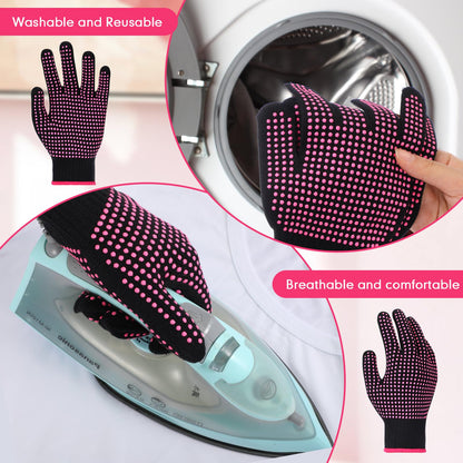 Riyiper 3 Pairs Heat Resistant Gloves for Sublimation, Gloves for Heat Press with Silicone Bumps Applies to Resistant Work, Hair Styling, Universal Fit Size (Pink)