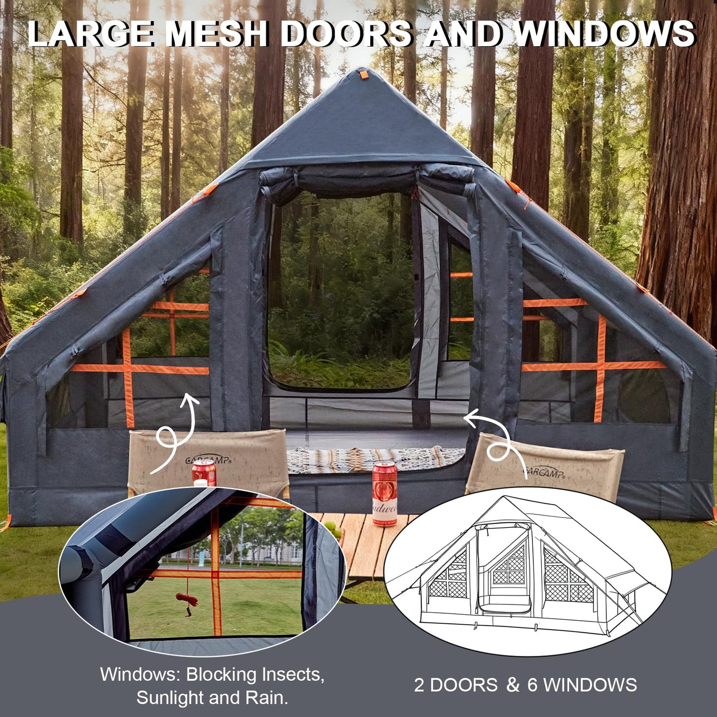 Inflatable Tents for Camping, 4-6 Person Easy Blow Up Tent with Hand Pump,4 Seasons Waterproof Air Inflatable Camping Tent House for Family Weekend Camping，Grey