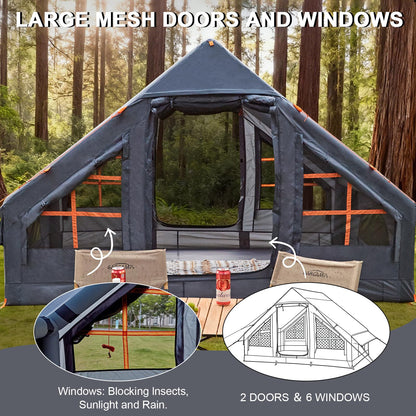 Inflatable Tents for Camping, 4-6 Person Easy Blow Up Tent with Hand Pump,4 Seasons Waterproof Air Inflatable Camping Tent House for Family Weekend Camping，Grey