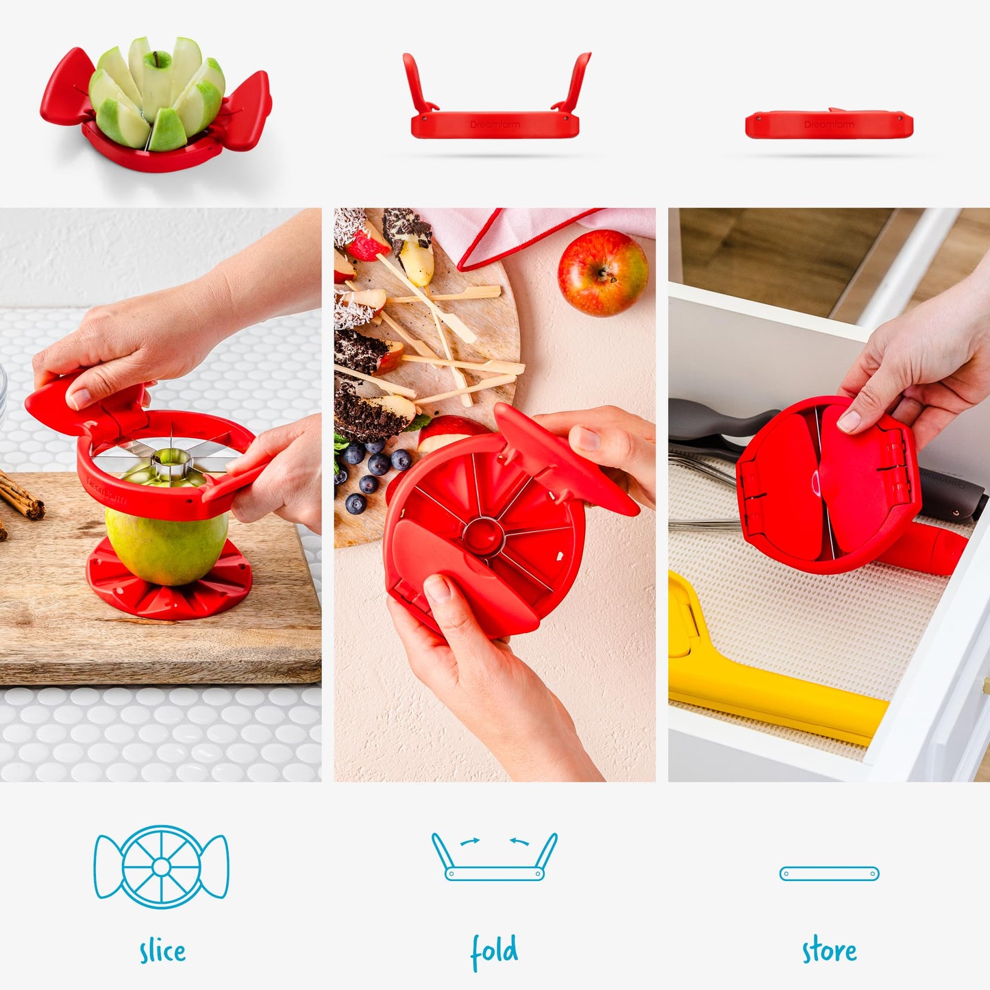Dreamfarm Flapple Fold-Flat, Space-Saving Apple Corer & 8-Piece Apple Slicer - Red