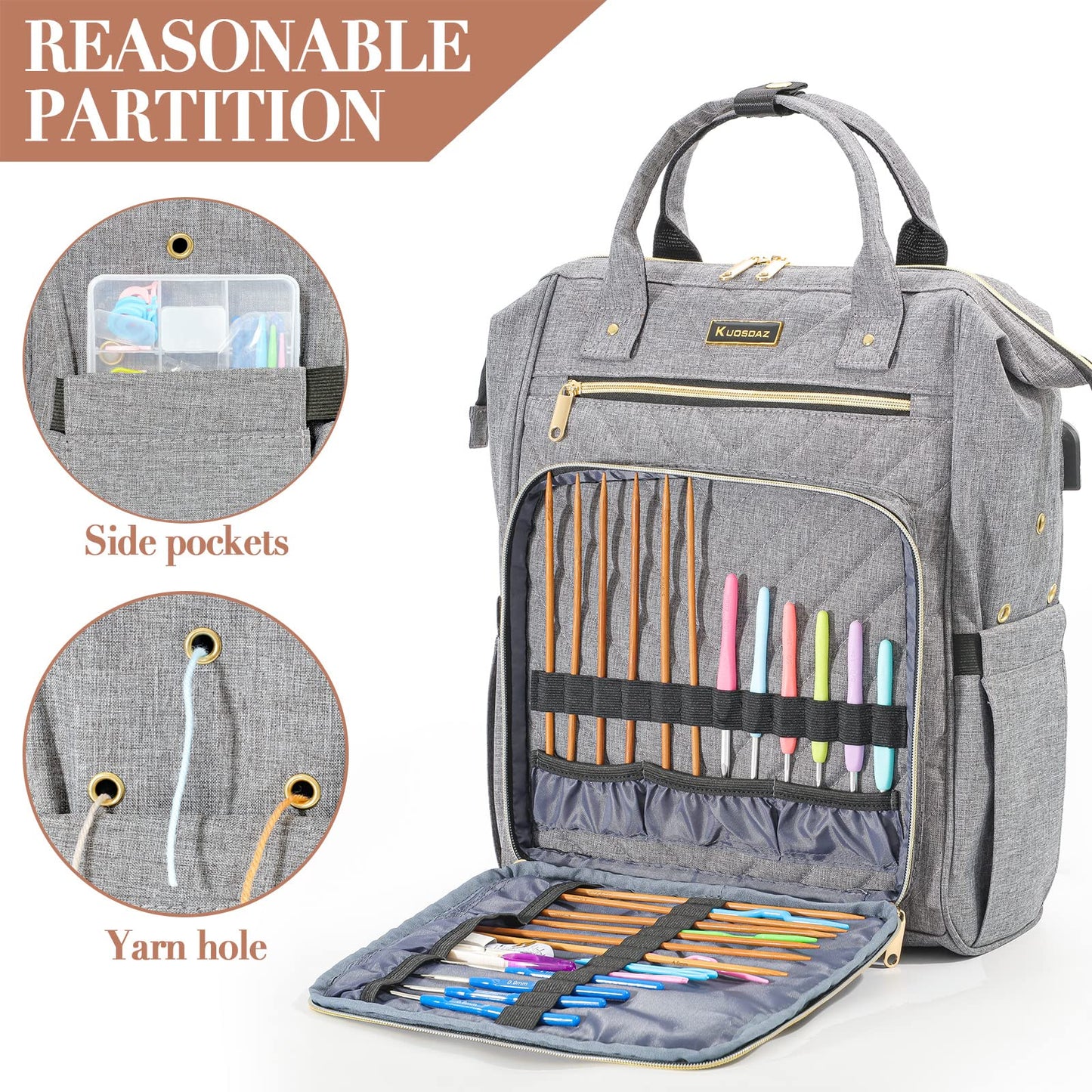 Knitting Bag Backpack, Crochet Bag Tote with USB Charging Port, Yarn Storage Organizer, Gifts for Crocheters Crochet Lovers Gift, Yarn Storage Tote Bag for Knitting & Crochet Accessories, Grey