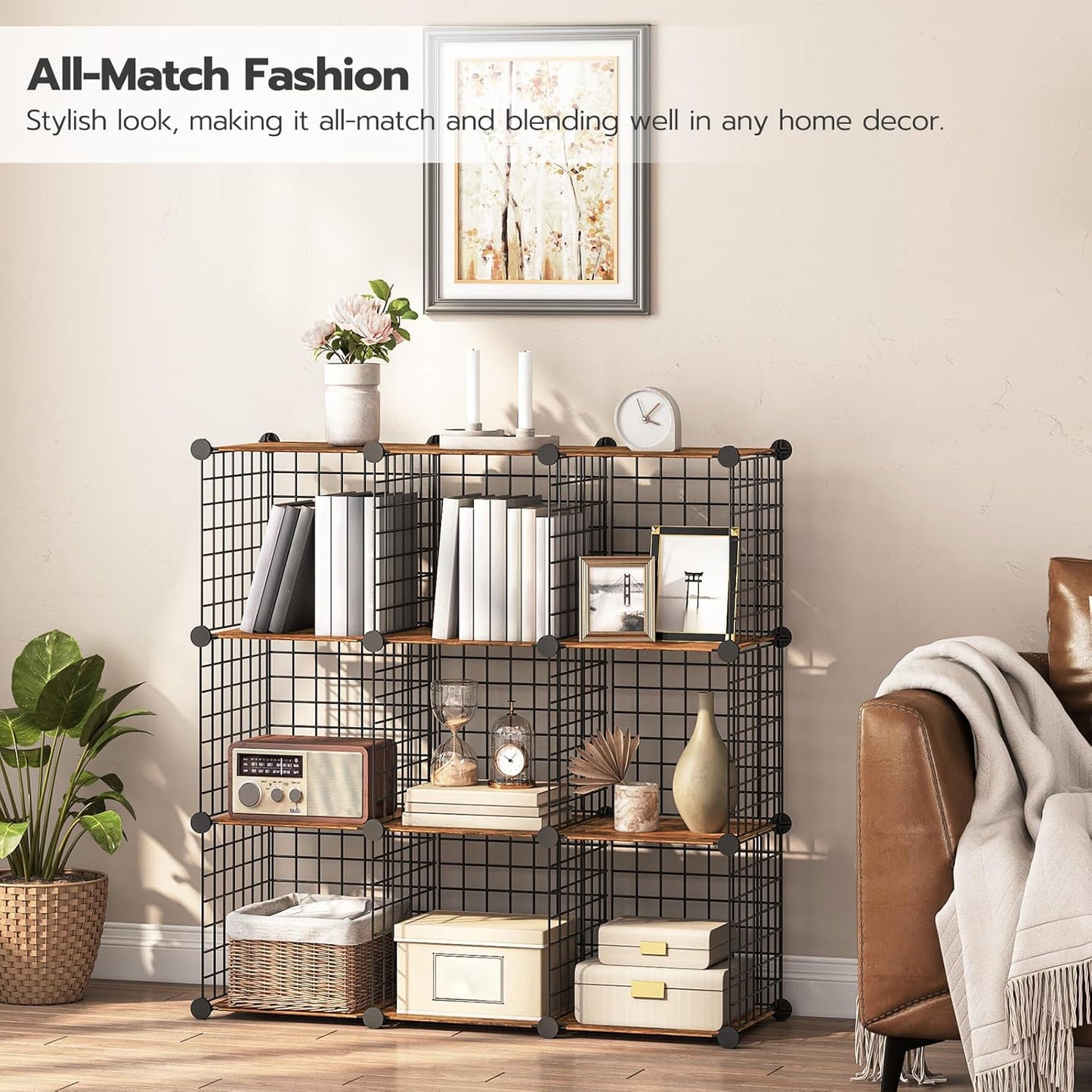 HOOBRO 9-Cube Wire Storage Organizer, Metal Grid Shelf, Modular Cabinet for Living Room, Bedroom, Rustic Brown and Black