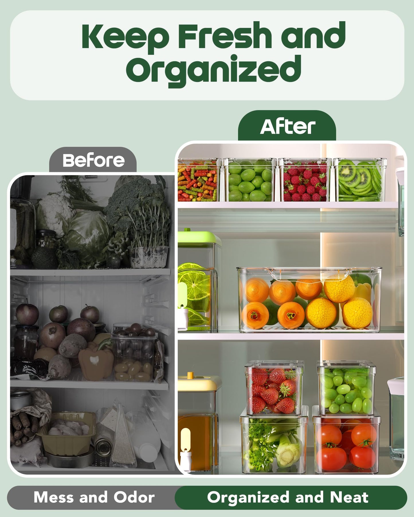 KEMETHY 11 Pack Refrigerator Organizers and Storage, Stackable Fridge Organizer Bins, BPA-Free Clear Plastic Fruit Storage Containers for Fridge, Kitchen, Fruits, Drinks, Produce, Vegetable