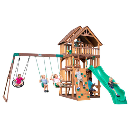Backyard Discovery Highlander Cedar Wood Swing Set with Wave Slide, Three-Story Clubhouse, Rock Wall, Picnic Table, Belt Swings, Web Swing, Sandbox, Three Ladders, Toy Accessories, Outdoor Playset