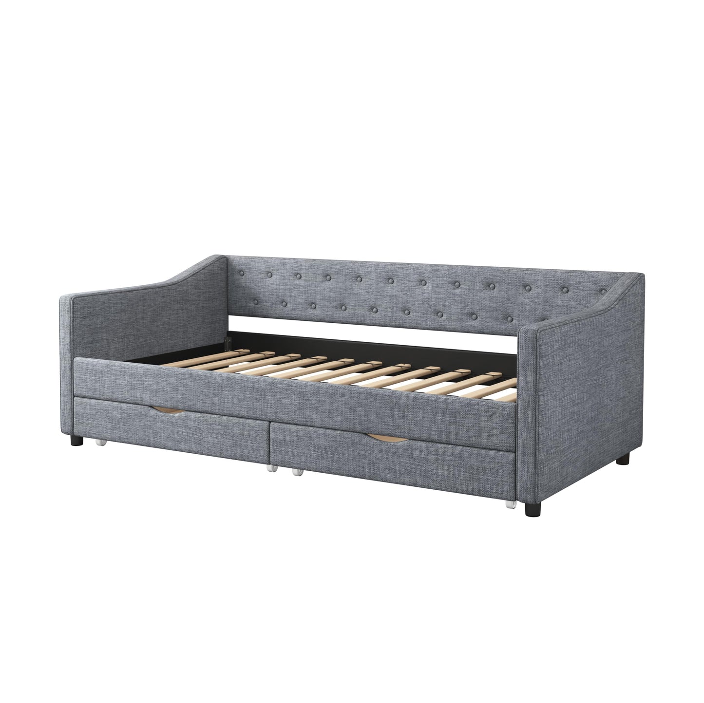 FAVSH Twin Size Daybed with Drawers,Linen Fabric Day beds w/Storage & Button on Back and Piping on Waved Shape Arms,Upholstered Tufted Sofa Bed for Living Room, Bedroom, and Guest Room,Light Grey