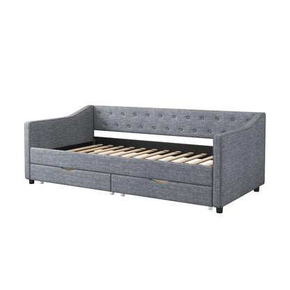 Ball & Cast Twin Size Daybed with Two Drawers and Linen Upholstered,Wood Bed Frame w/Button Tufted Back and Waved Shape Arms,Slats Support,for Apartment,Bedroom,Light Grey