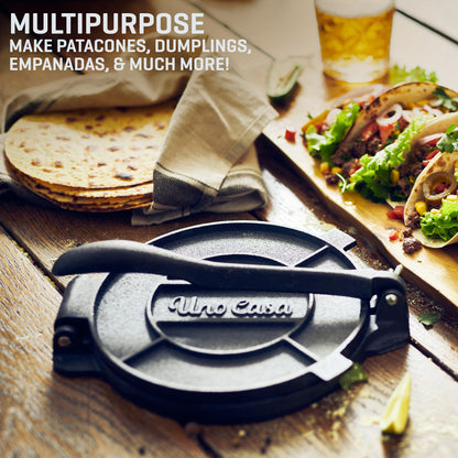Uno Casa Tortilla Master Kit - Tortilla Press 8 Inch with 10.5 IN Comal Pan, 4 Taco Holders, and Tortilla Warmer - Complete Taco Tuesday Kit, Rotis, and Quesadillas - Unique Gift for Friends or Family
