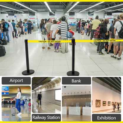 Therwen 6 Pack Heavy Duty Crowd Control Stanchions 9.8 ft Stainless Steel Stanchion Set with 6 Safety Barrier Post Retractable Belt and 1 Sign Holder Crowd Control Barrier(Caution Belt,Black)