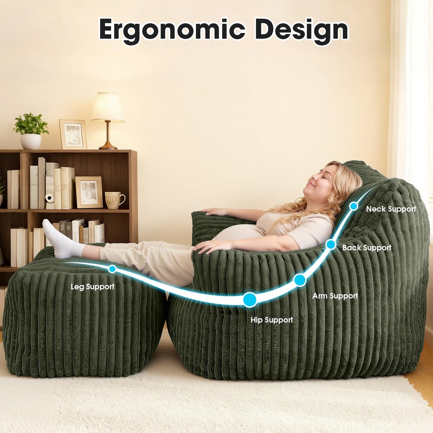 HarborHue Giant Bean Bag Chair with Ottoman, Oversized Memory Foam Bean Bag Sofa for Adults and Kids, Large Comfy Fluffy Single Lounges Mini Couch for Living Room, Bedroom & Dorm(Green)