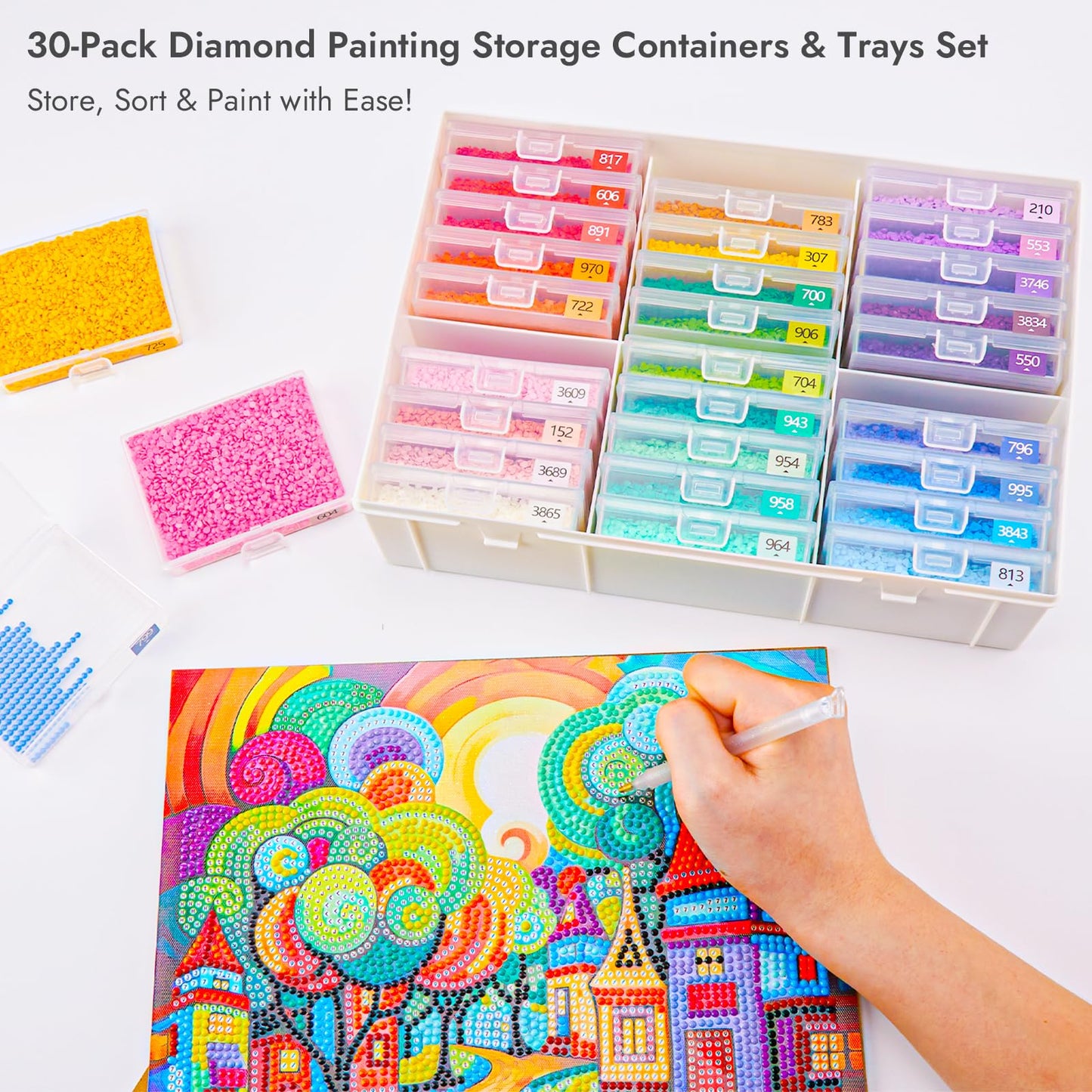 MOLEDINO 30 Pcs Diamond Painting Storage Trays with Lids, 2-in-1 Diamond Art Containers Trays Kit for Drills with 1 Large White Plastic Organizer Box, Stackable Bead Storage and Line-Up Accessories