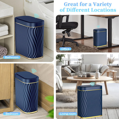 steo spce Bathroom Small Trash Can with Automatic Touchless Lid, 2.6 Gallon Smart Garbage Can Narrow Waterproof Trash Bin for Bedroom, Office, Living Room (Dark Blue)