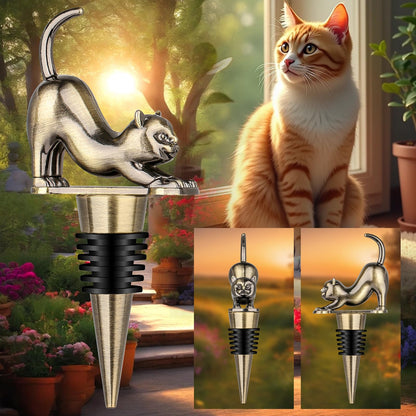 LKKCHER Cat Wine Bottle Stopper, Cat Decorative Gifts for Kitty Lovers Women Men, Birthday Fathers Day Christmas Gifts for Women Men, Bronze Wine Saver with Bag