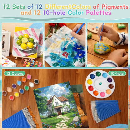 120pcs 8x10 Inch Painting Supplies Kit, 12Pack Art Canvas Bulk with Easel Stand, 12 Colors Mini Acrylic Paint Set, Small Paint Brushes, Paint Trays, Painting Kit