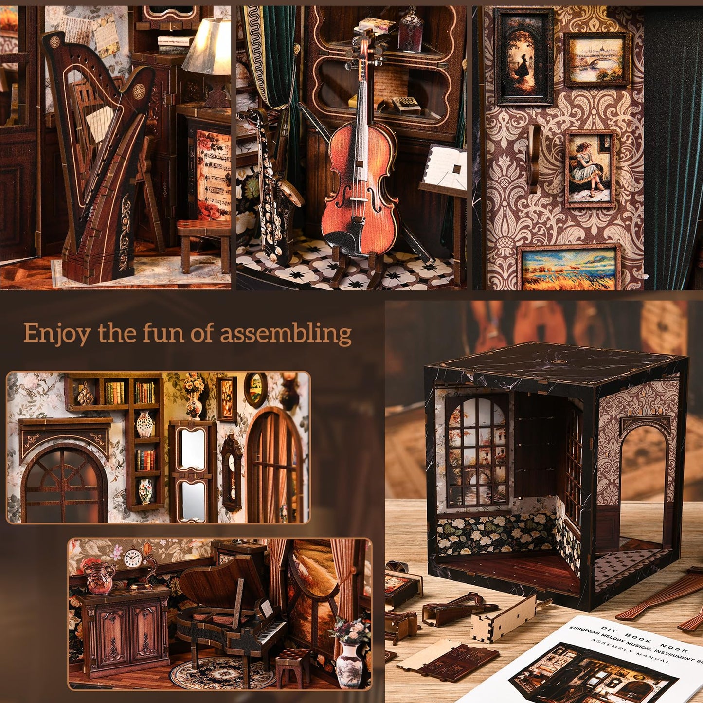 Book Nook Kit for Adults,360° View DIY Miniature Dollhouse Kit with LED, Classical Music Room 3D Wooden Puzzle Bookshelf Insert Decor, Creative Hobby Gift for Teens and Men