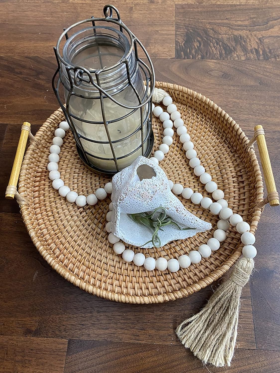 LSKYTOP 58 Inches Wood Bead Garland with Tassel, Rustic Prayer Beads for Farmhouse Tiered Tray Decor - 2 Pack