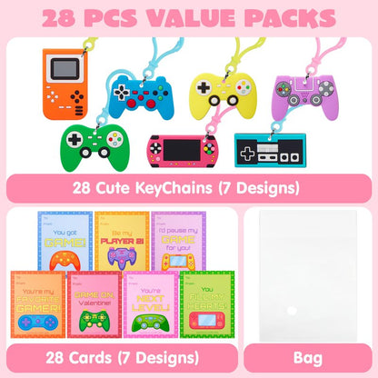 JOYIN 28 Pcs Valentines Day Gift Cards with Video Game Keychains, Multi Colored Keychains & Cards with 7 Designs, Valentine Treat Goodie Bag Stuffers for Kids Classroom School Exchange Prizes