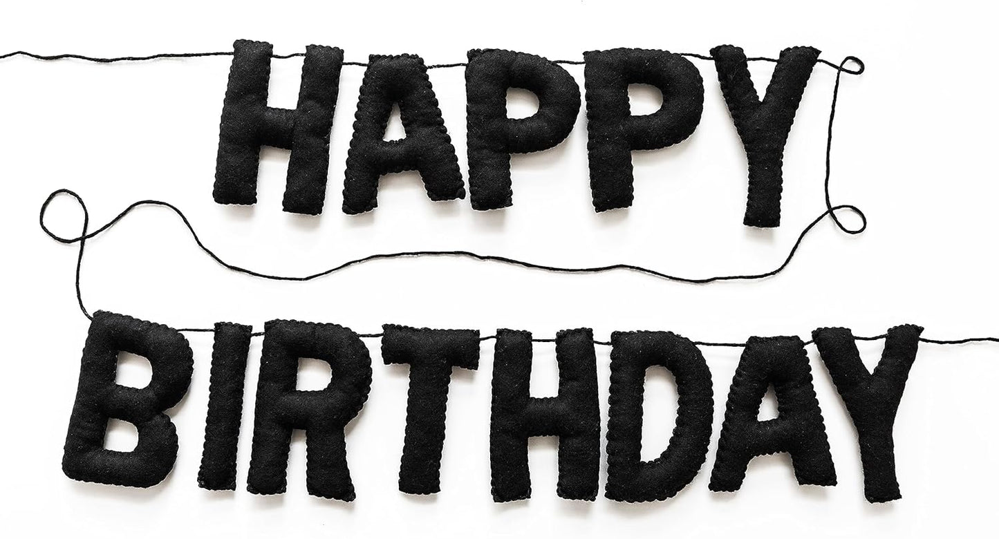 Happy Birthday Felt Fabric Banner, Black Birthday Garland, Reusable Elegant Decoration for Birthday Party