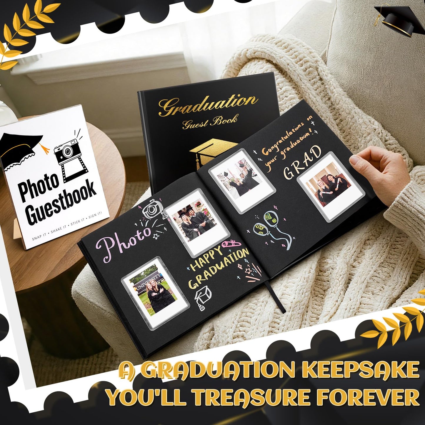 LawnIdyll 2026 Graduation Guest Book with Photo Sign Metallic Pens Stickers 144 Pages Class of 2026 Scrapbook Album Gift Memory Book for High School College Graduation Party Supplies (Black)