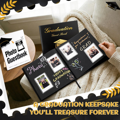 LawnIdyll 2026 Graduation Guest Book with Photo Sign Metallic Pens Stickers 144 Pages Class of 2026 Scrapbook Album Gift Memory Book for High School College Graduation Party Supplies (Black)
