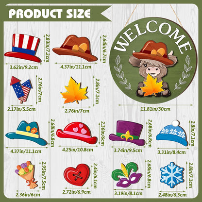 35 Pcs Patriotic Interchangeable Highland Cow Welcome Sign Highland Cow Seasonal Wooden Hanging Door Decor 4th of July Farmhouse Hanging Sign for Front Door Graduation Party Decoration(Grass Green)