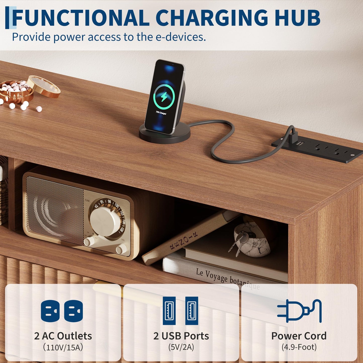 Garvee 53.9" Wide Luxury 6 Drawers Dresser with LED Lights & Charging Station, Curved Fluted Wood Chest of Drawers with Gold Handles, Modern Storage Cabinet for Bedroom Living Room, Walnut