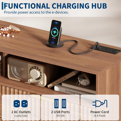 Garvee 53.9" Wide Luxury 6 Drawers Dresser with LED Lights & Charging Station, Curved Fluted Wood Chest of Drawers with Gold Handles, Modern Storage Cabinet for Bedroom Living Room, Walnut