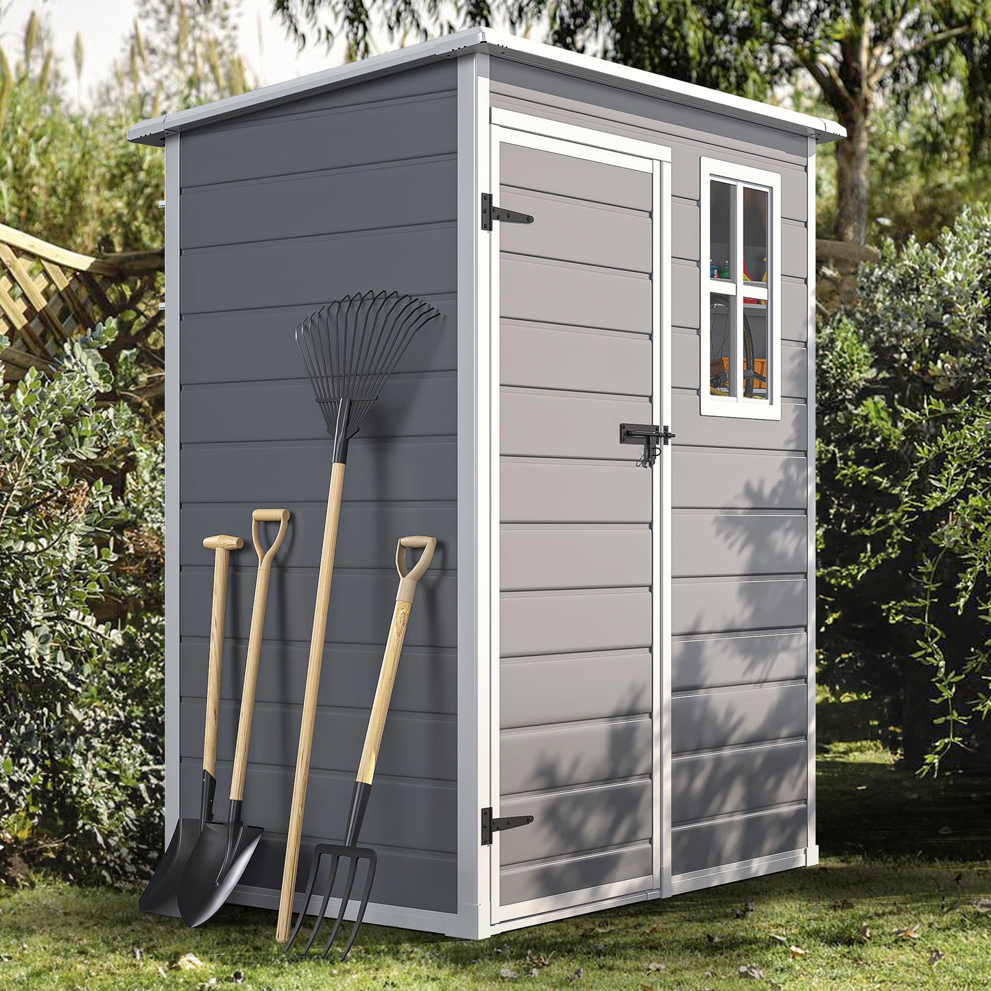 DWVO 5x3 FT Outdoor Storage Shed with Floor, All-Weather Resin Storage Shed with Window & Lockable Door, Waterproof Plastic Tool Storage for Garden Patio, Gray