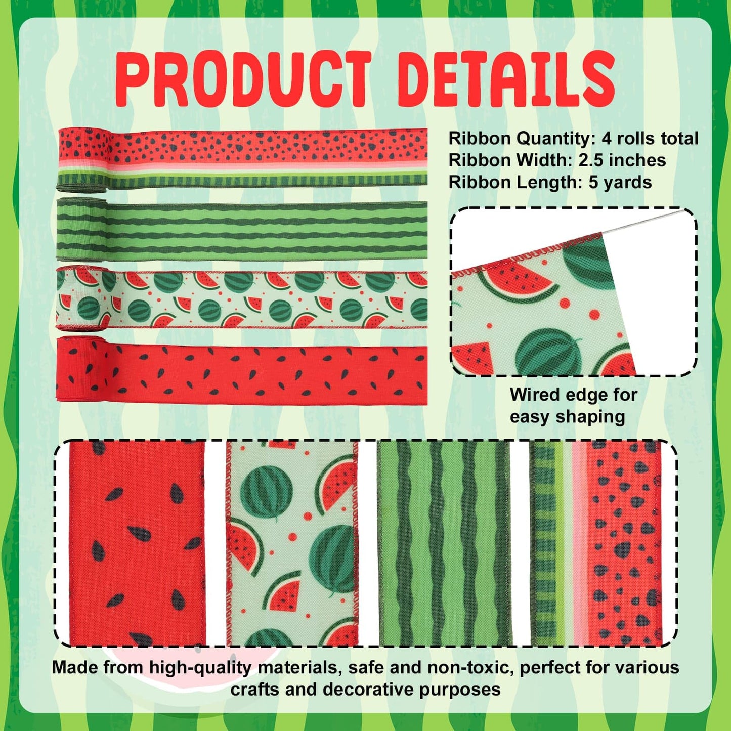 NUVCELKA 4 Rolls Watermelon Ribbon 20 Yards 2.5 Inch Summer Wired Edge Burlap Craft Ribbons for Wreath DIY Gift Wrapping Party Baby Shower Bow Decoration