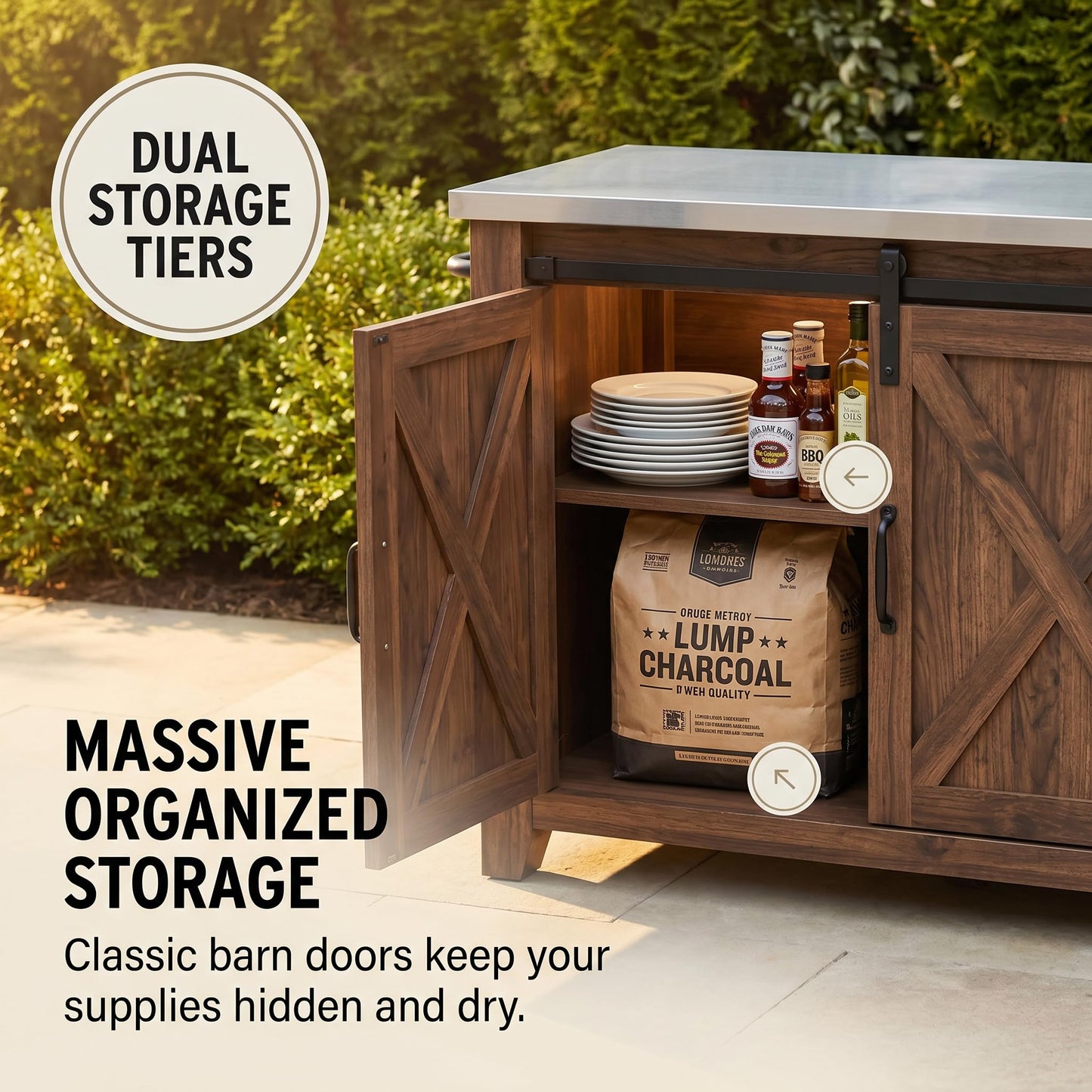 50" Outdoor Kitchen Island Grill Cart with 201 Stainless Steel Top, Solid Fir Wood, Modular Design, Internal Storage & Adjustable Shelves, 4 Lockable Wheels, 400LBS Capacity for Patio BBQ, Brown