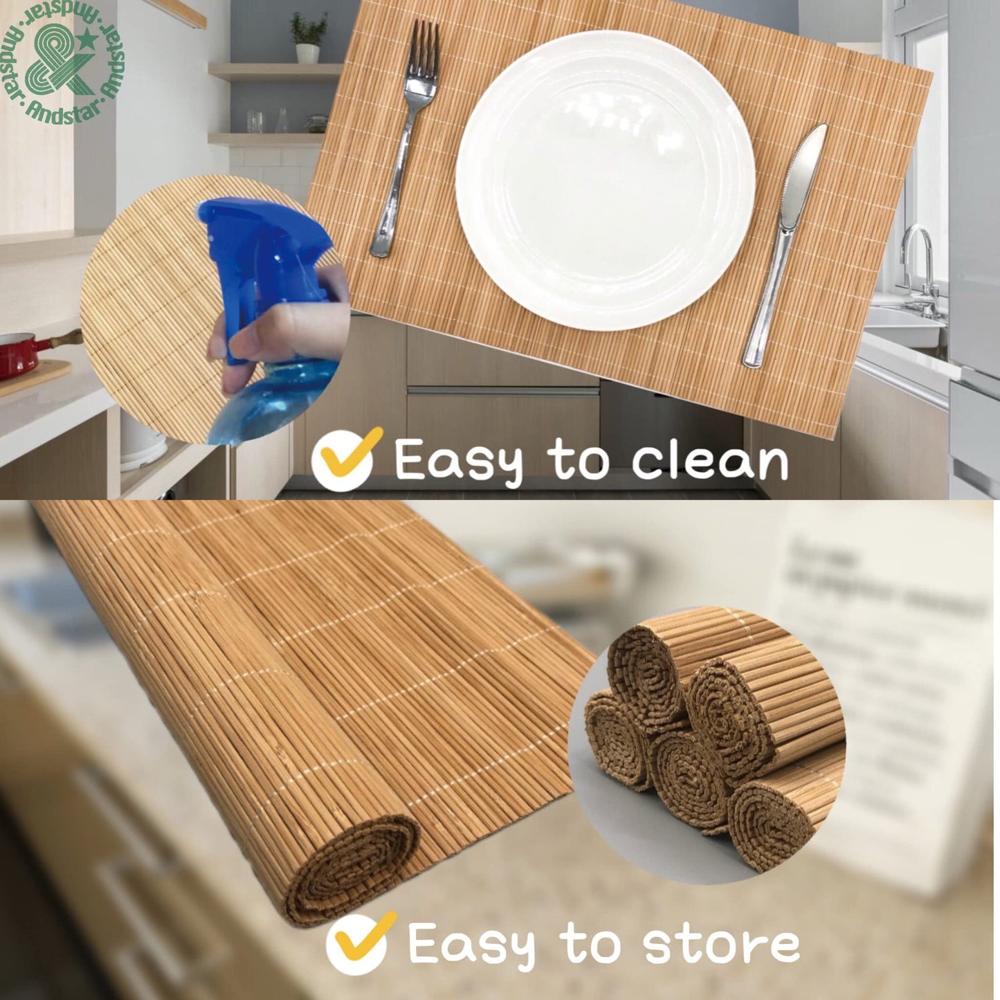 ANDSTAR Set of 8 Pcs Bamboo Placemats Sushi Rolling Mat Japanese Style Natural Anti-Slip, Washable Heat-Resistant Table Mats for Dining Room and Kitchen（Brown）