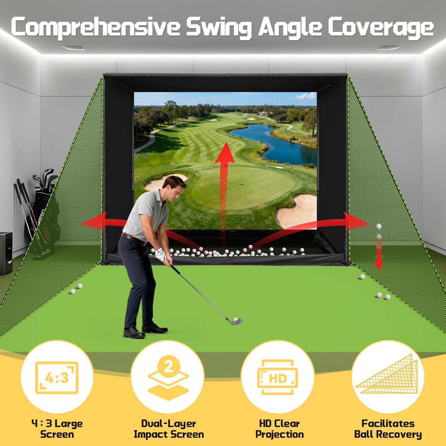 Golf Simulator Enclosure Net 10x8FT Golf Practice Simulator with HD Impact Screen Kit & Sturdy EPE Foam-Filled Frame Golfs Cage Net with Safety Side Nets for Home Indoor Setup