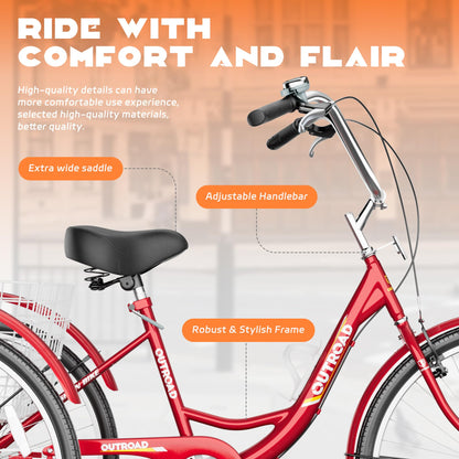 Max4out Adult Tricycle with Large Basket 24/26 Inch, Stable 3 Wheel Cruise Bicycle for Shopping, Beach and City Trike Perfect for Men, Women, Seniors（24 Red）