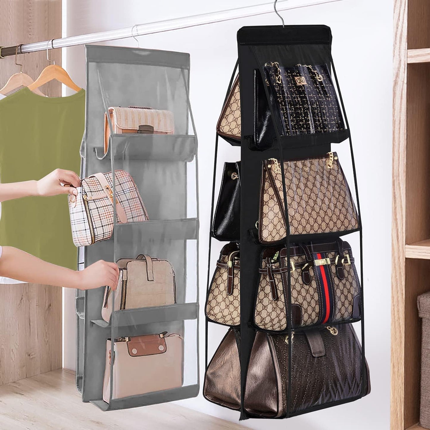 Lirex Handbag Hanging Organizer, 8 Pocket Purse Storage Hanger, Foldable Oxford Cloth Closet for Family Bedroom, Black.