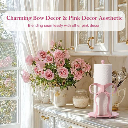 Shinlar Pink Bow Paper Towel Holder Coutertop - Bow Accent Paper Towel Holder, Pink Kitchen Decor and Accessories, Coquette Room Decor Girly Gifts for Women, 3D Handmade Pattern, Weighted Base