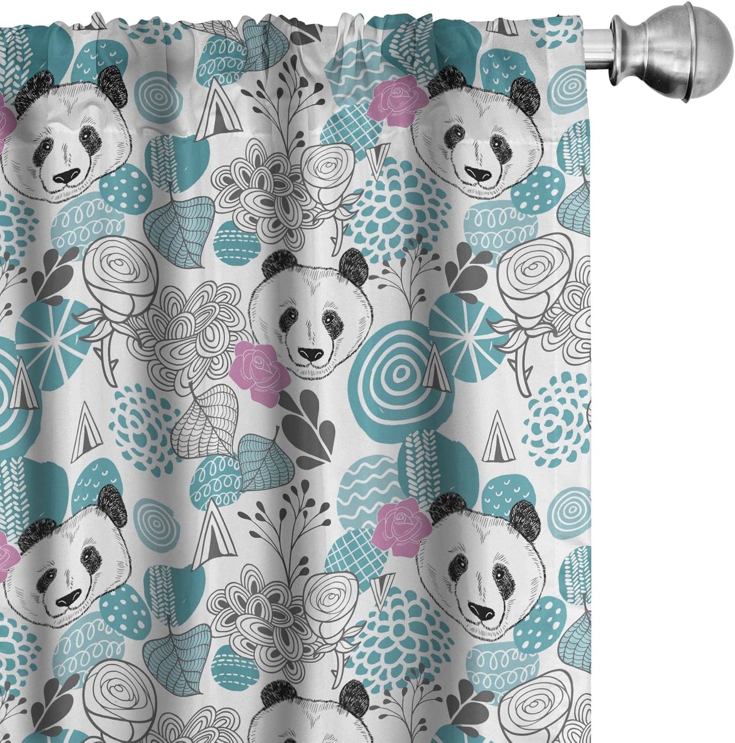 Lunarable Panda Window Curtains, 2-Panel Set with Portraits of Chinese Bears on Sketch Flowers, 28" x 63", Blue Grey