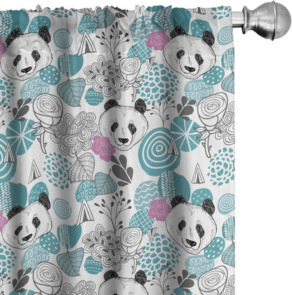 Lunarable Panda Window Curtains, 2-Panel Set with Portraits of Chinese Bears on Sketch Flowers, 28" x 63", Blue Grey