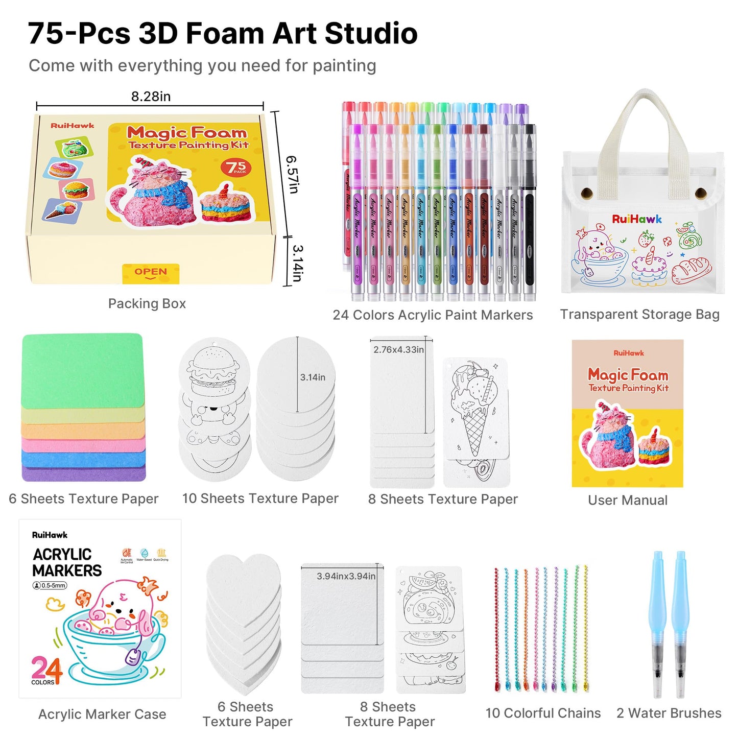 RuiHawk 3D Magic Foam Texture Painting Kit, 75 Pcs Puff Paint Art Supplies with 24 Auto-Flow Markers, 38 Texture Sheets & 10 Bead Necklace, Non-Toxic Creative Puffy Paint Gift for Boys Girls Ages 4-12