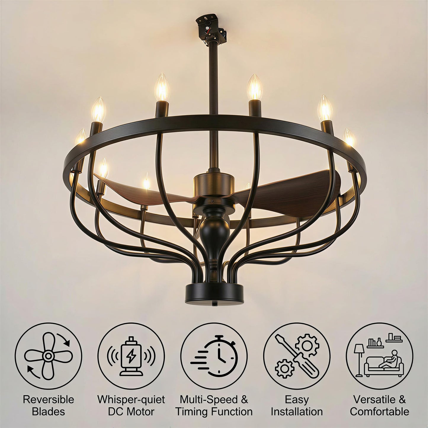 Fiqevs 32-inch Farmhouse Chandelier Fan with Remote Control, DC Motor, 12 LED Lights, Reversible Quiet Operation, Industrial Black Wagon Wheel Rustic Ceiling Fan for Bedroom and Living Room