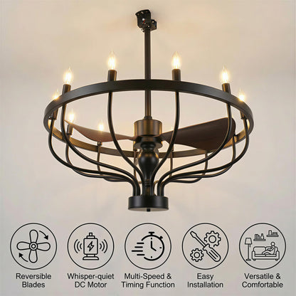 Fiqevs 32-inch Farmhouse Chandelier Fan with Remote Control, DC Motor, 12 LED Lights, Reversible Quiet Operation, Industrial Black Wagon Wheel Rustic Ceiling Fan for Bedroom and Living Room