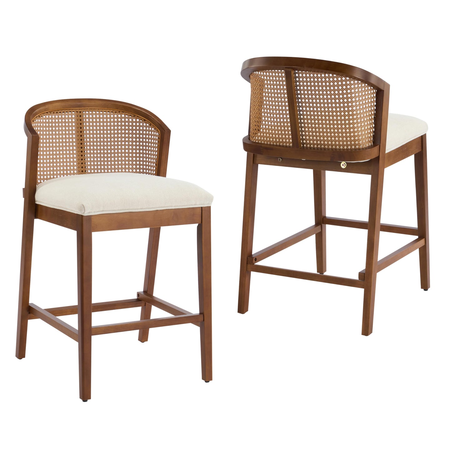 Christopher Knight Home JENA Rattan Counter Stools Set of 2, Counter Height Bar Stools for Bar Table, Rubberwood Frame with Upholstered Barstools, Wood Accent Chair with Footrest, Beige + Walnut