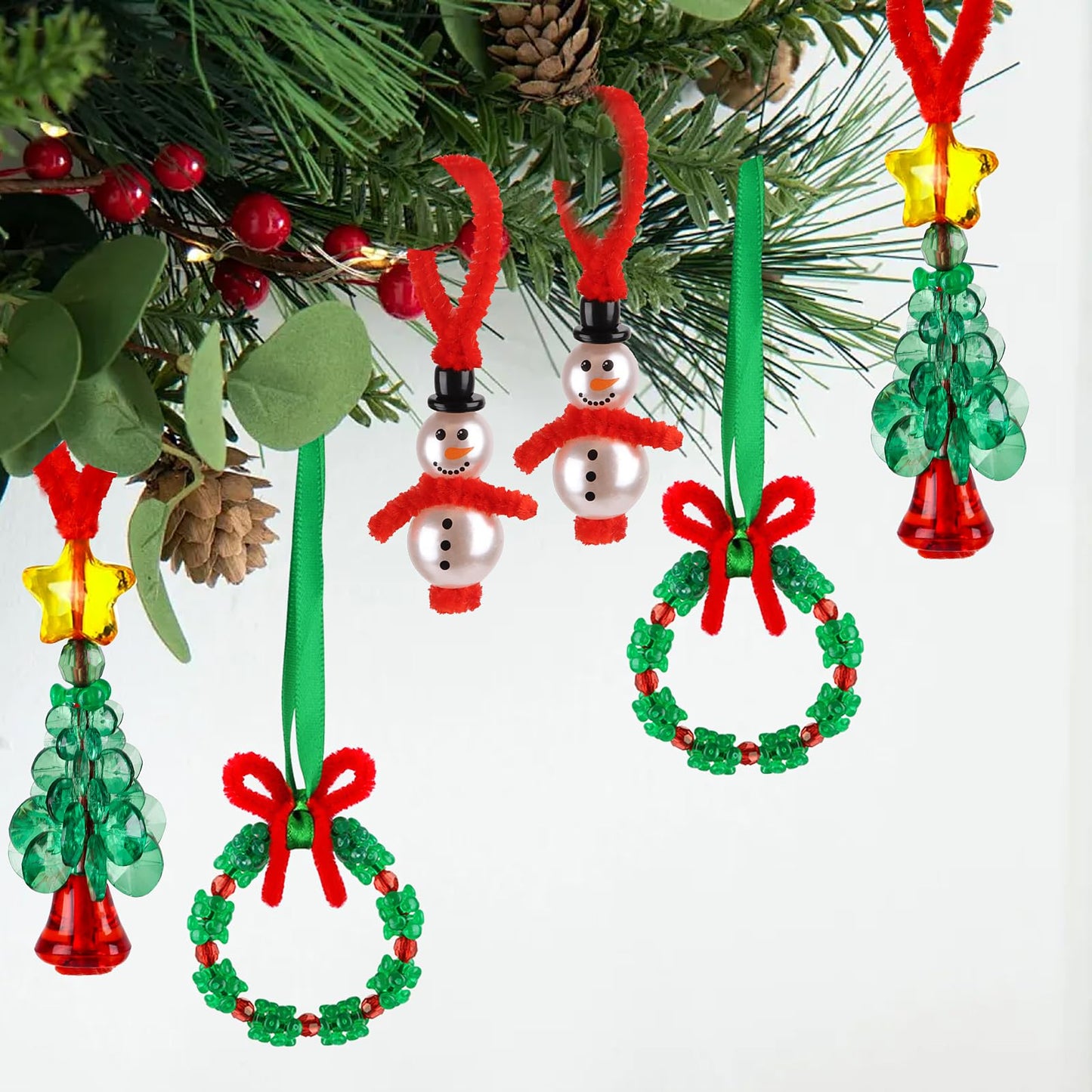 KIMOBER 36 Sets Christmas Crafts Beaded Ornament Kit,12 Wreath,12 Snowman,12 Christmas Tree Xmas Holiday Tree Decorations(Assembly Needed)