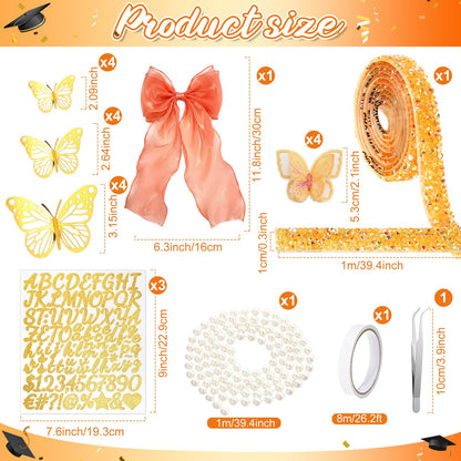 Wavwavw 58 Pcs DIY Graduation Cap Decorations Kit Grad Cap Decor Included Faux Flowers Bow Mesh 3D Butterfly Stickers, Adhesive Rhinestones, Glitter Letter Stickers, for 2026 Grad Party(Orange)