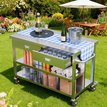 KINGBO 50" Stainless Steel Kitchen Island with Storage, Rolling Kitchen Island Table with 2 Drawers on Wheels, Portable Island Cart for Kitchen, Outdoor, Restaurant, Cafe