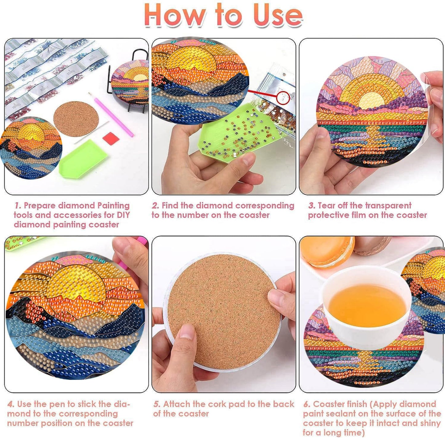 ijbnhd 8 Pcs Sunset Diamond Art Coasters Kits, Sunset Diamond Painting Coasters Kit with Holder, Non Slip Coaster Crafts Kits for Adults Gifts 4x4 inch (Cork Wooden Pad)
