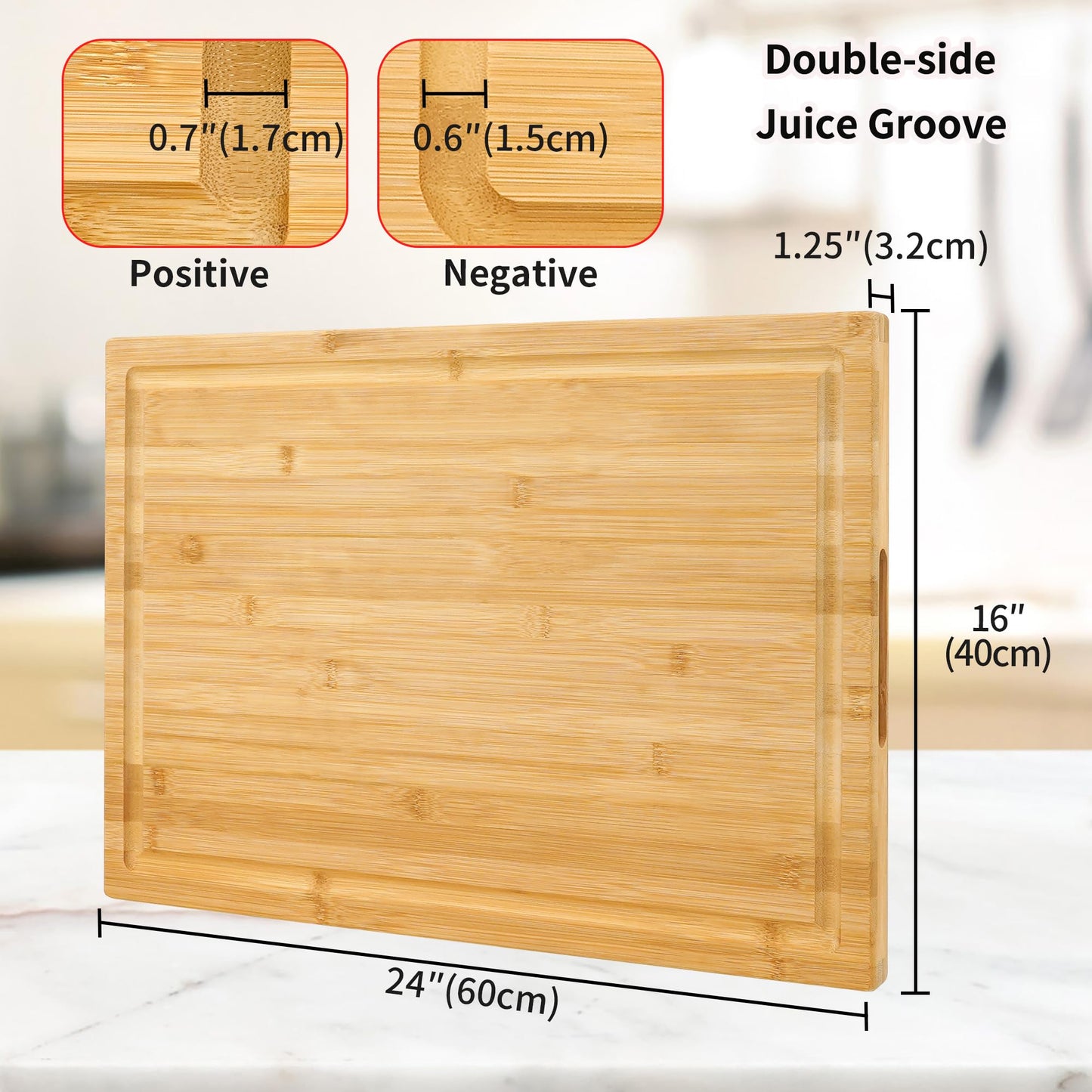 Utoplike Extra Large XXXL Bamboo Cutting Board 24 x16 Inch, Largest Wooden Butcher Block for Turkey, Meat, Vegetables, BBQ, Over the Sink Chopping Board with Handle and Juice Groove, Thickness 1.25"