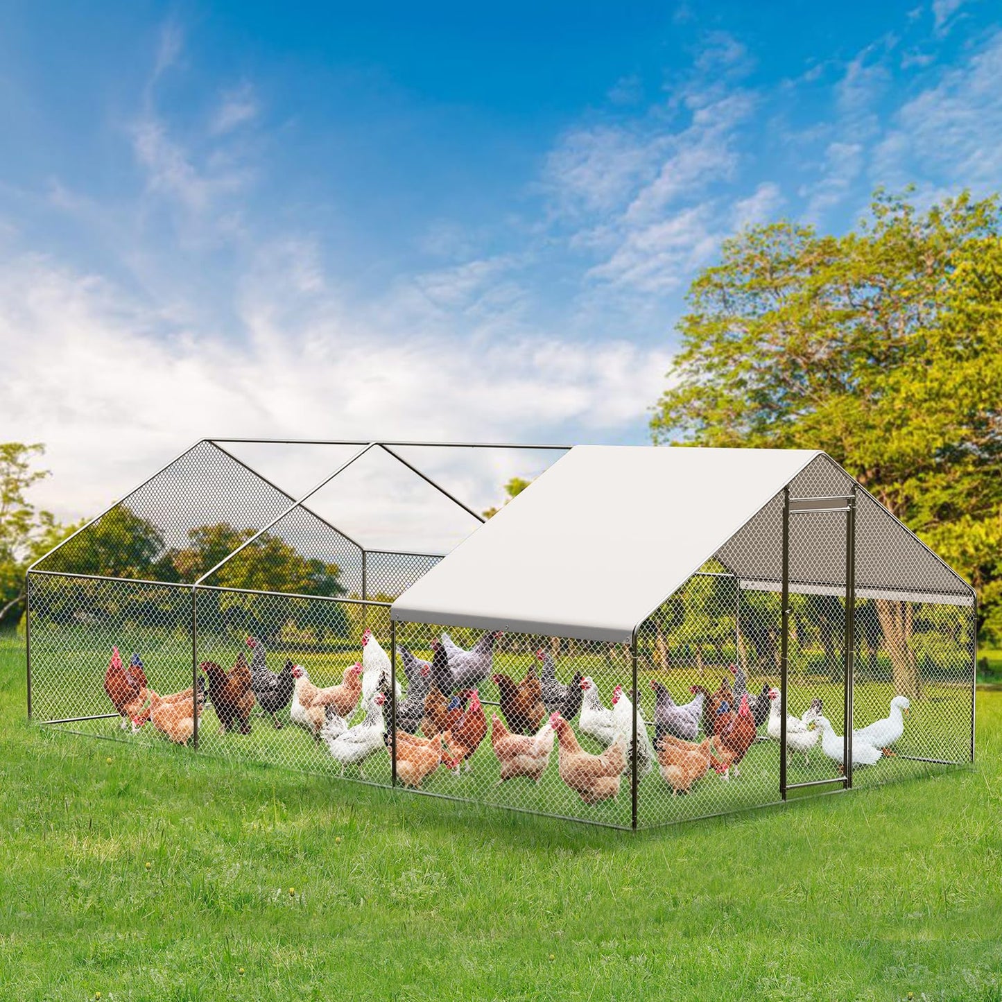 Large Chicken Coop with Cover, Large Metal Chicken Coop,Metal Chicken Run & Spire Roof Outdoor Enclosure with Lock,for Backyard, Farm, Housing Chickens, Ducks, Rabbits