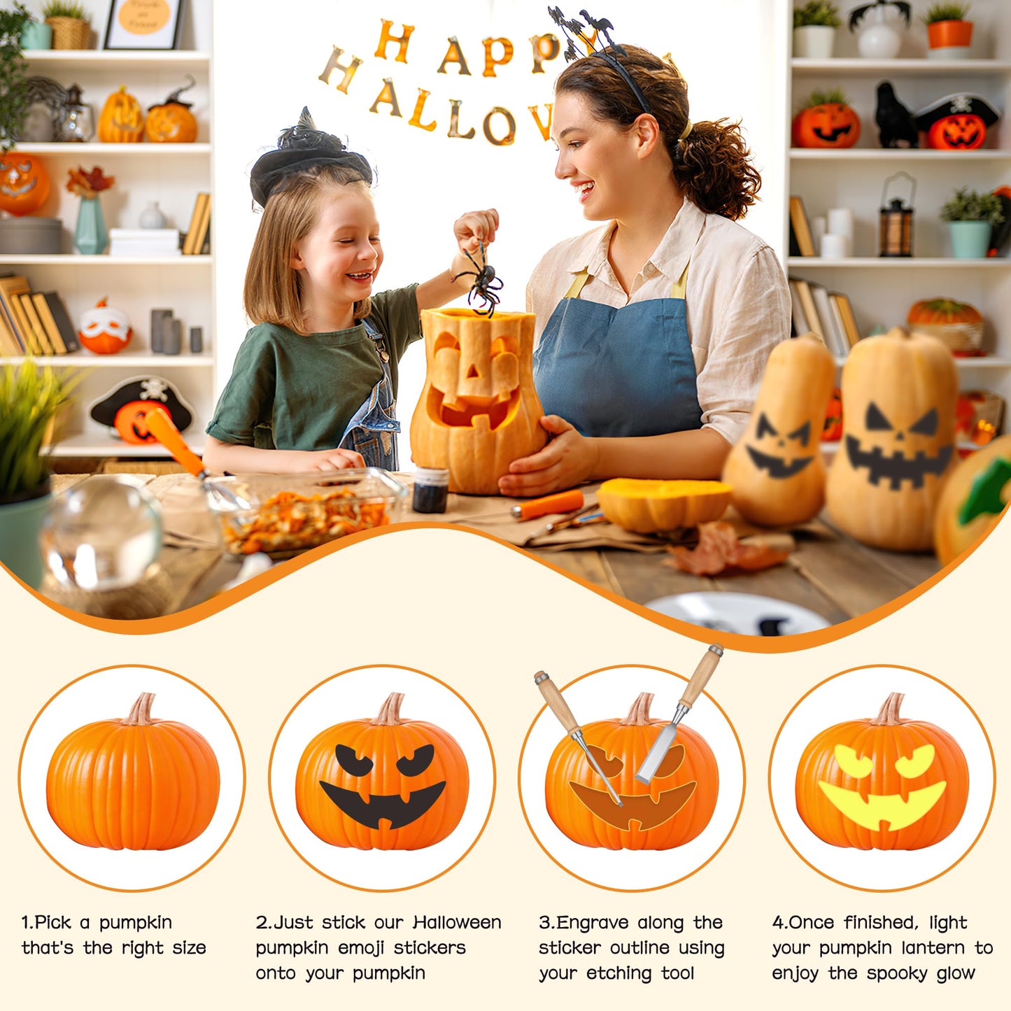 Gustum 80 Designs Pumpkin Stickers for Decorating, Jack-O'-Lantern Face Craft Decals, Pumpkin Carving Stickers Kit, Halloween Decorations Supplies Trick or Treat Party Favors for Kids