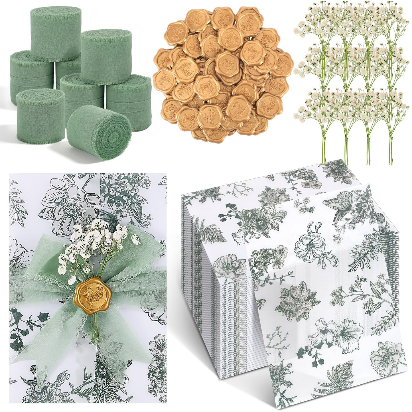 FeilxStella 100 Sets Wedding Invitations Kit with Pre-Folded Vellum Jackets for 5x7 Cards, Sage Green Chiffon Ribbon, Gold Wax Seal Stickers, Dried Pressed Flowers, DIY Wedding Invitation Supplies