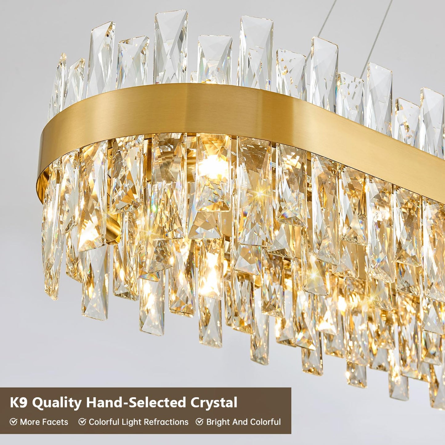 TMAFON Modern Brass Gold Crystal Chandelier, Rectangle K9 Crystal Raindrop Chandelier Lights, Contemporary Ceiling Hanging Light Fixtures for Kitchen Island Dining Room, Length 35.4 inches
